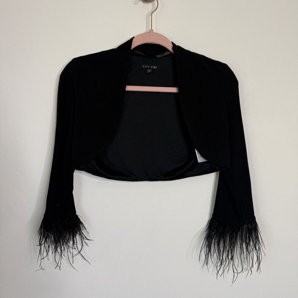 City Vibe Y2K XS Black Fairy Grunge Open Cropped Feather Sleeve Shrug Goth Witch